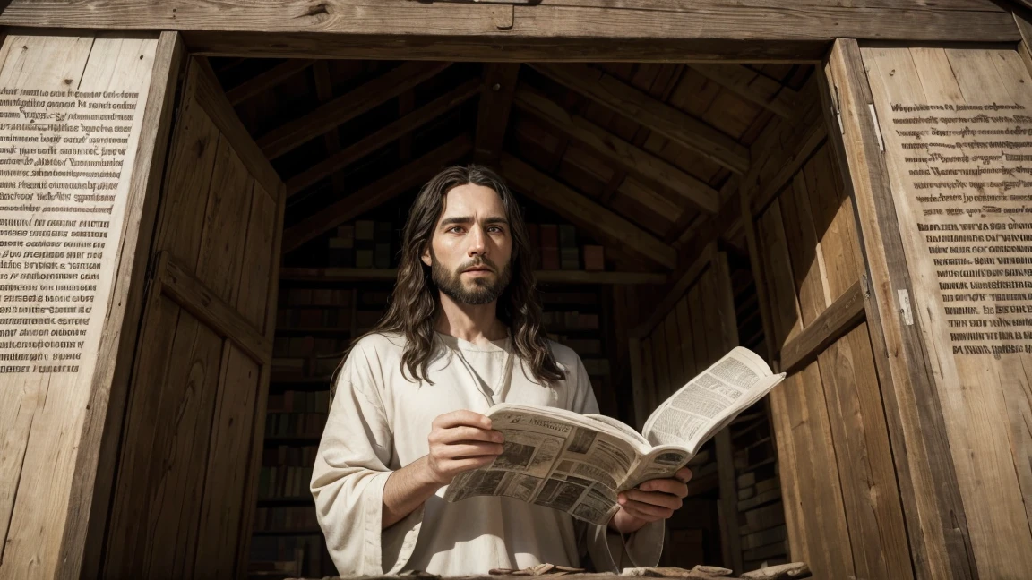 a painting of a Jesus, holy. reading a newspaper next to a barn, Ark of Noah, moisés, biblical image, biblical antigo, bible illustration, biblical painting, jeremiah, biblical art, Old Testament, archimedes, epic biblical representation, construction, architect, babel, Directed by: Scott M... Fischer, biblical, library of babel, biblical art style, scholarly, Da Vin