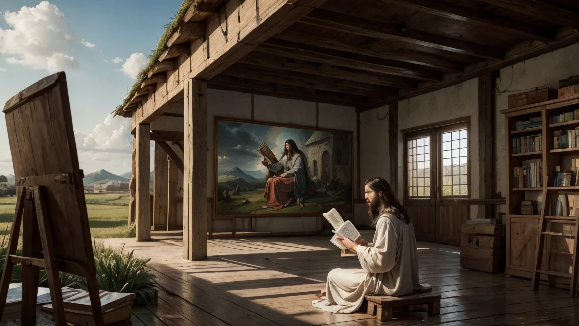 a painting of a Jesus, holy. reading a newspaper next to a barn, Ark of Noah, moisés, biblical image, biblical antigo, bible illustration, biblical painting, jeremiah, biblical art, Old Testament, archimedes, epic biblical representation, construction, architect, babel, Directed by: Scott M... Fischer, biblical, library of babel, biblical art style, scholarly, Da Vin