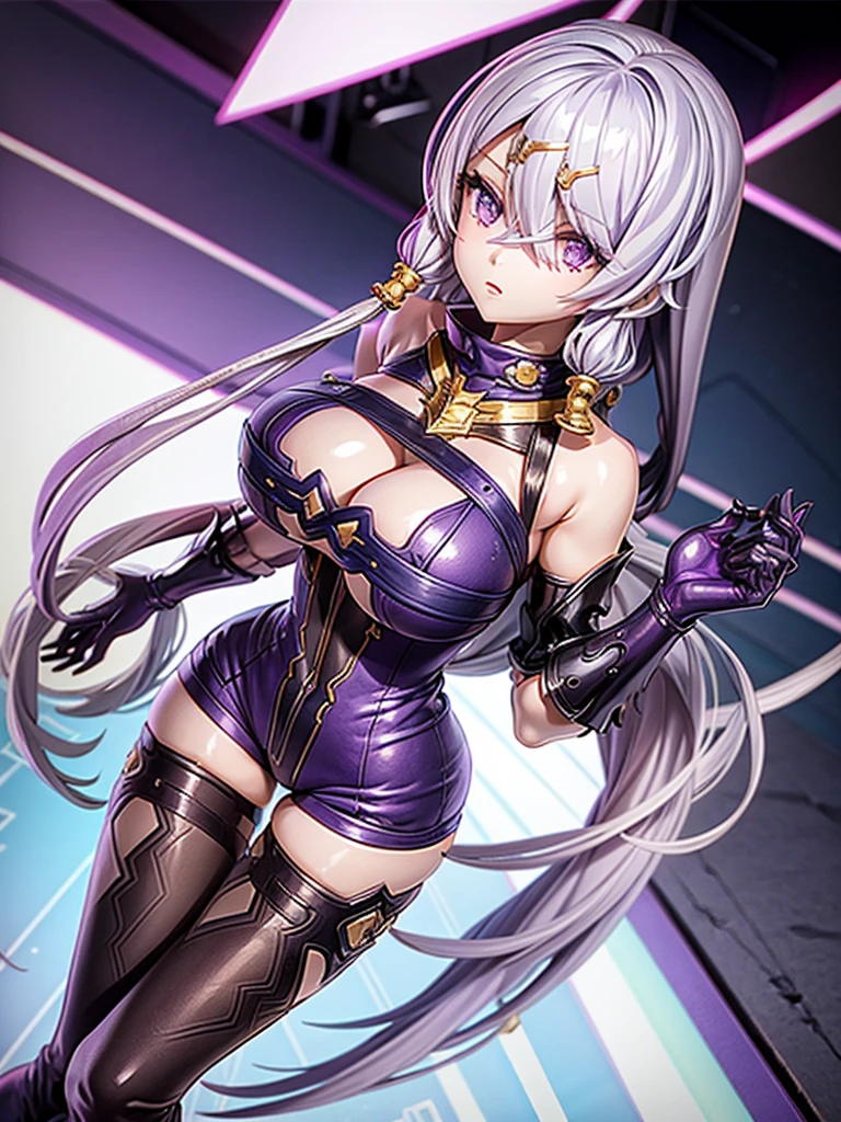 Big Breasts, Look straight ahead, Turn your body forward, Purple Bondage:1.8, Purple Dress, tights, Knee-high boots, Shorts:1.5, Low skin area, Perfect proportions, Older sister in her 20s
