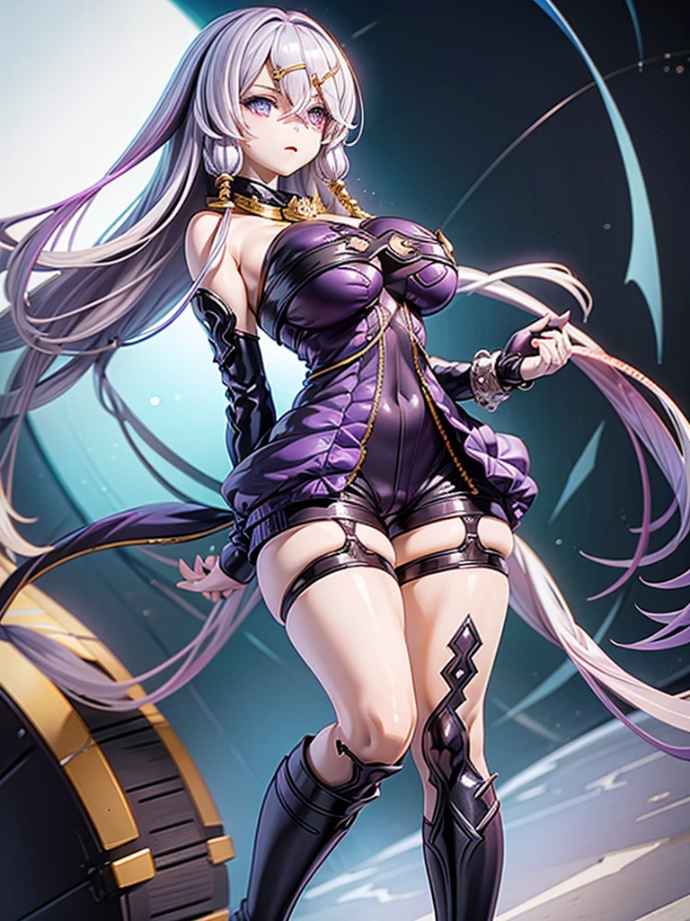 Big Breasts, Look straight ahead, Turn your body forward, Purple Bondage:1.8, Purple Dress, tights, Knee-high boots, Shorts:1.5, Low skin area, Perfect proportions, Older sister in her 20s