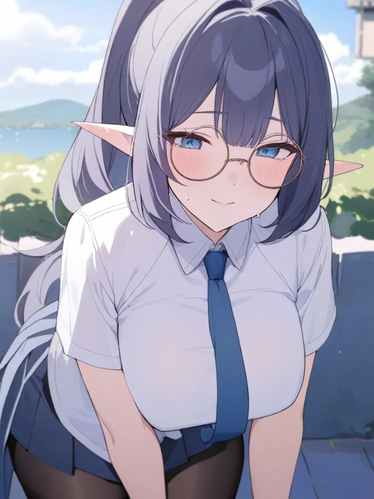 masterpiece, best quality, high quality, beautiful anime character, solo, anime girl with dark blue hair, messy hair, medium length hair, (huge long ponytail, ponytail), blue eyes, elf ears, slightly big breasts, (mature female, tall female), big girl, thick, (calming face, blush, light smile, loving eyes), outdoors, (white shirt, necktie, pleated skirt, pantyhose), slim thick, short medium hair, round glasses,