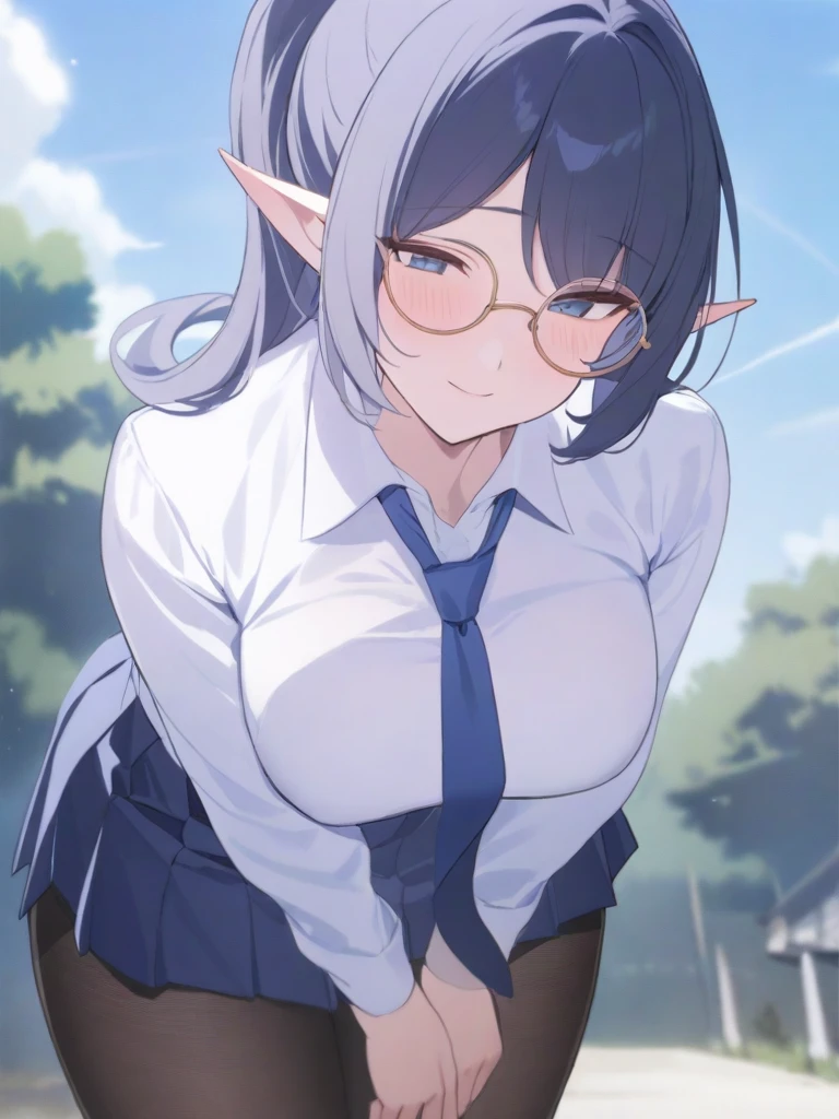 masterpiece, best quality, high quality, beautiful anime character, solo, anime girl with dark blue hair, messy hair, medium length hair, (huge long ponytail, ponytail), blue eyes, elf ears, slightly big breasts, (mature female, tall female), big girl, thick, (calming face, blush, light smile, loving eyes), outdoors, (white shirt, necktie, pleated skirt, pantyhose), slim thick, short medium hair, round glasses,