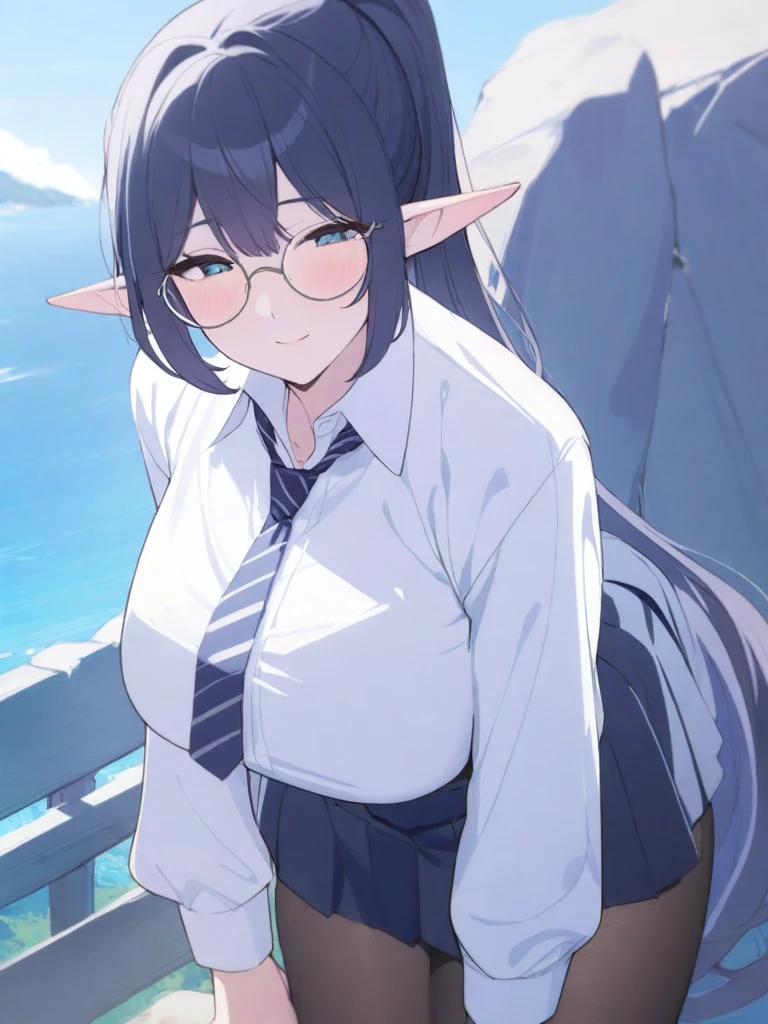 masterpiece, best quality, high quality, beautiful anime character, solo, anime girl with dark blue hair, messy hair, medium length hair, (huge long ponytail, ponytail), blue eyes, elf ears, slightly big breasts, (mature female, tall female), big girl, thick, (calming face, blush, light smile, loving eyes), outdoors, (white shirt, necktie, pleated skirt, pantyhose), slim thick, short medium hair, round glasses,