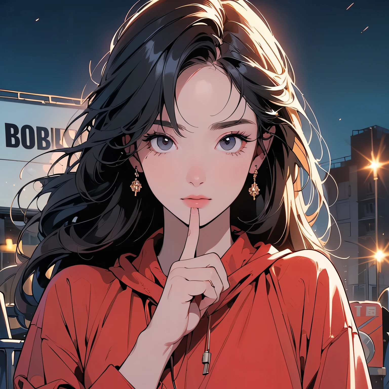 (((Only One Woman))), (((Perfect Face))), 14k, (((Highly detailed background))), (((Highest quality))),Upper Body, Cowboy Shot, 超Detailed Hair, mysterious, (((Faint lighting))),(((Night view))),Ultra detailed red hoodie, Super beauty, goddess,(((Detailed face))),The wind is blowing, (((Aging Factory))), Grass grows, (((Broken heavy machinery))),(((Light on the face.))),、(((Put your index finger over your mouth)))、Perfect Fingers、Golden Ratio Layout、(((Up to the chest)))、(((a lot of billboard)))、Detailed Hair、Mr.々Hair color