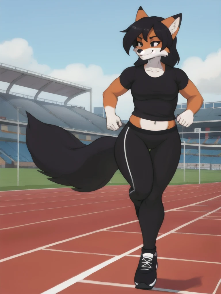 Furry, fox, female, black shirt, black leggings, shoes, running track, solo, full body
