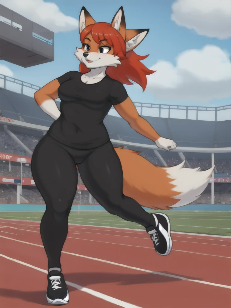 Furry, fox, female, black shirt, black leggings, shoes, running track, solo, full body