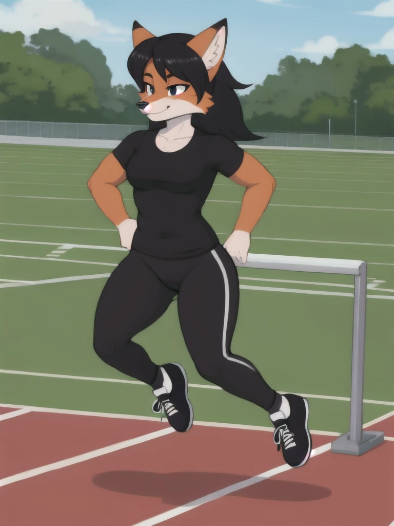Furry, fox, female, black shirt, black leggings, shoes, running track, solo, full body