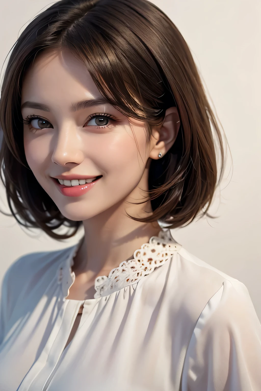 ((masterpiece)), ((Highest quality)), ((Complex)), ((Surreal)), (Realistic), (Mature Woman), ((There are no classes)), Very detailed, (1 female), Beautiful and exquisite, (Beautiful Teeth), Grin, Brunette bob hair, Brown eyes, ((blouse)), (Upper Body), (background:none), Perfect Eyes, Captivating eyes, Looking at the audience