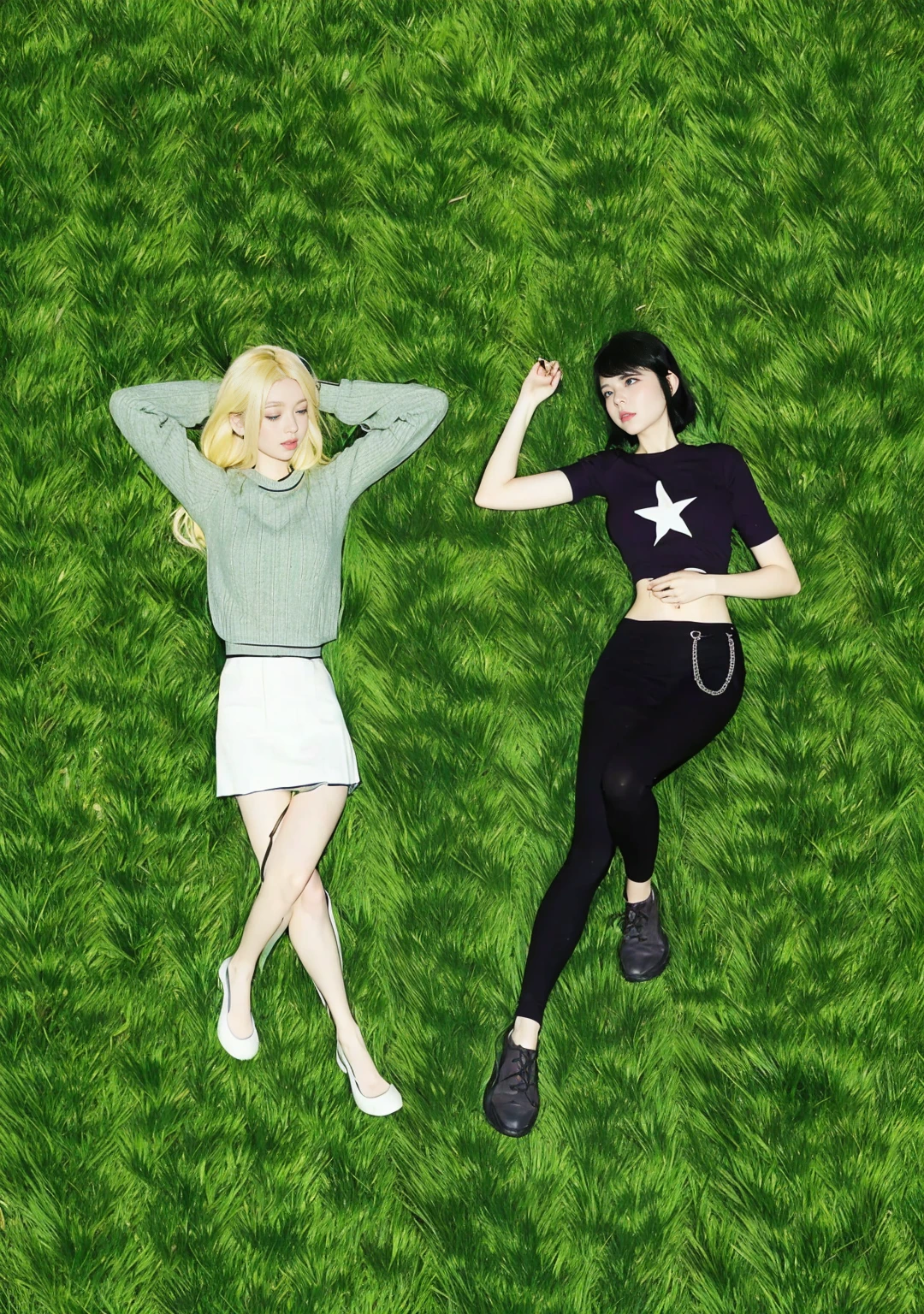 Two girls lying on the grass, looking at each other, one has blue eyes, short black hair, and the other has green eyes, long blonde hair