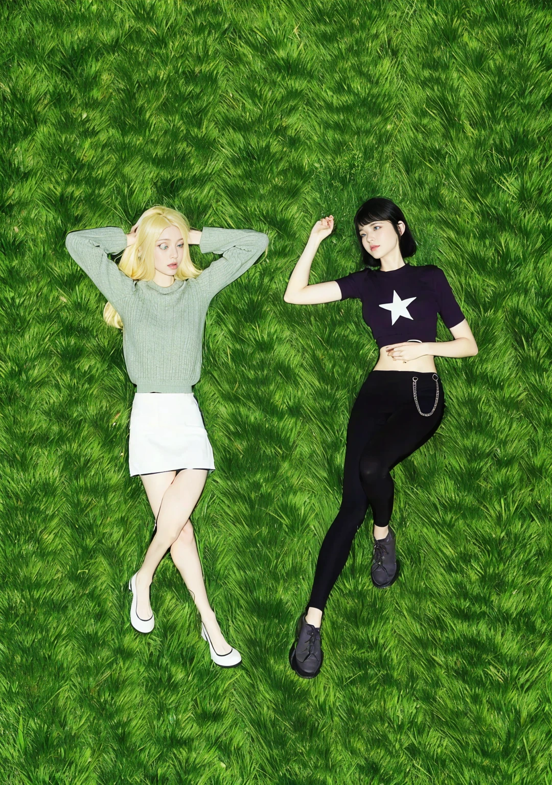 Two girls lying on the grass, looking at each other, one has blue eyes, short black hair, and the other has green eyes, long blonde hair