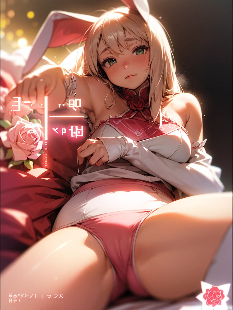 (Sumilux f1.4 50mm , low Latitude old color negative film , cross process , bokeh, flare, chromatic aberration , soft focus, (Shallow focus) , soft glow , Maximum aperture, High Key , Transparent depiction) , A girl , rabbit ear , spread legs , hide crotch with rose , closeup rose , (Cover crotch with rose)