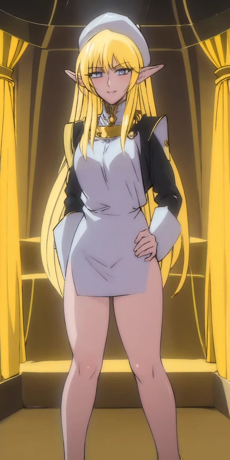 (4k, ultra high resolution, Prominence in Masterpiece, High Quality, Best Quality: 1.2) full body, 1 female, solo, 1girl, 1woman, lustful smirking smile blush, looking at viewer, sitting, blonde hair, long hair, (black jacket), beautiful and detailed face, detailed eyes, looking at the viewer (grey theme) close jacket (aesthetic clothing) hands on hips, wide hips, blonde long hair, blonde drill hair, blonde twin drills hair, blue wizard hat, Handcuffs on their hands, With a collar around the neck, Princess Nina