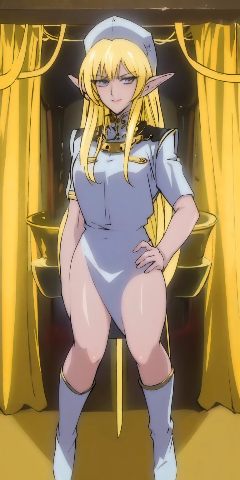(4k, ultra high resolution, Prominence in Masterpiece, High Quality, Best Quality: 1.2) full body, 1 female, solo, 1girl, 1woman, lustful smirking smile blush, looking at viewer, sitting, blonde hair, long hair, (black jacket), beautiful and detailed face, detailed eyes, looking at the viewer (grey theme) close jacket (aesthetic clothing) hands on hips, wide hips, blonde long hair, blonde drill hair, blonde twin drills hair, blue wizard hat, Handcuffs on their hands, With a collar around the neck, Princess Nina