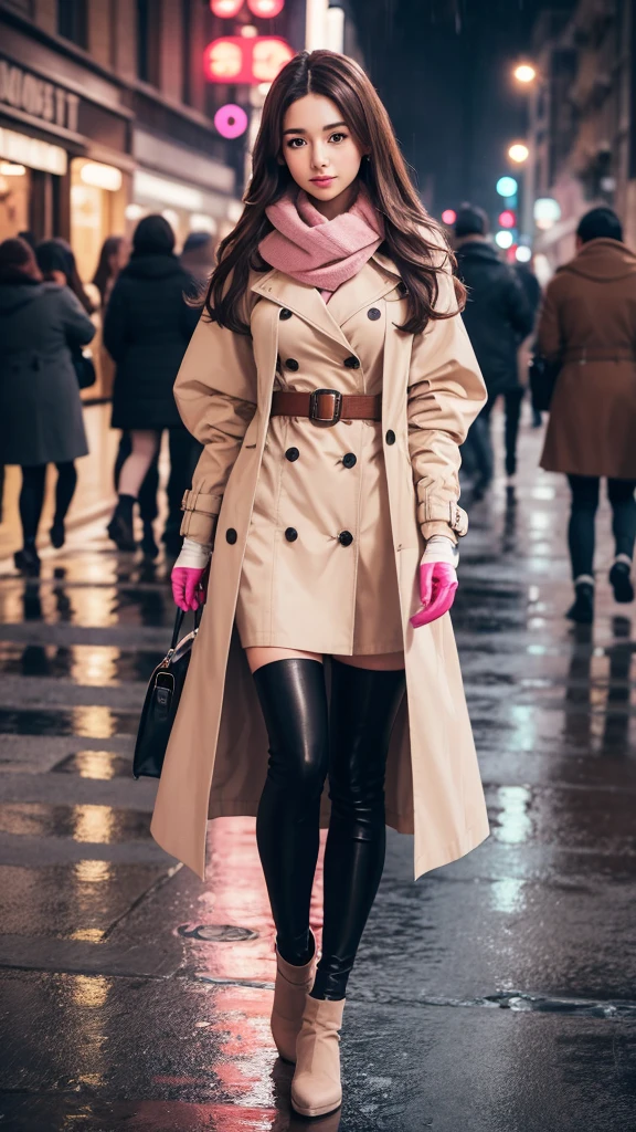 1girl with long brown hair wearing a fully buttoned up and belted buckle beige trench coat with a large pink winter wool scarf and white gloves at the hard rainy night city street full body 8k