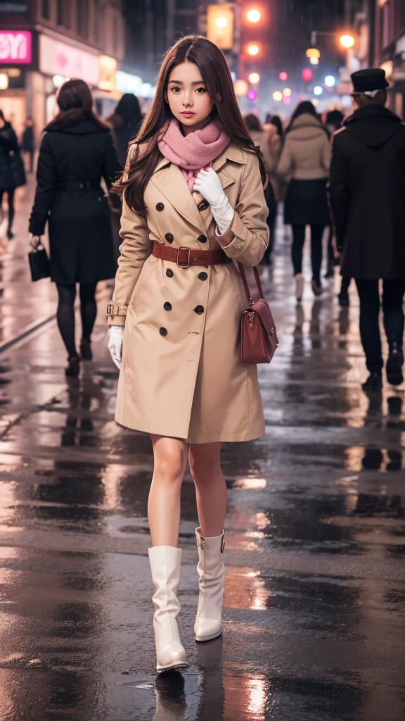 1girl with long brown hair wearing a fully buttoned up and belted buckle beige trench coat with a large pink winter wool scarf and white gloves at the hard rainy night city street full body 8k