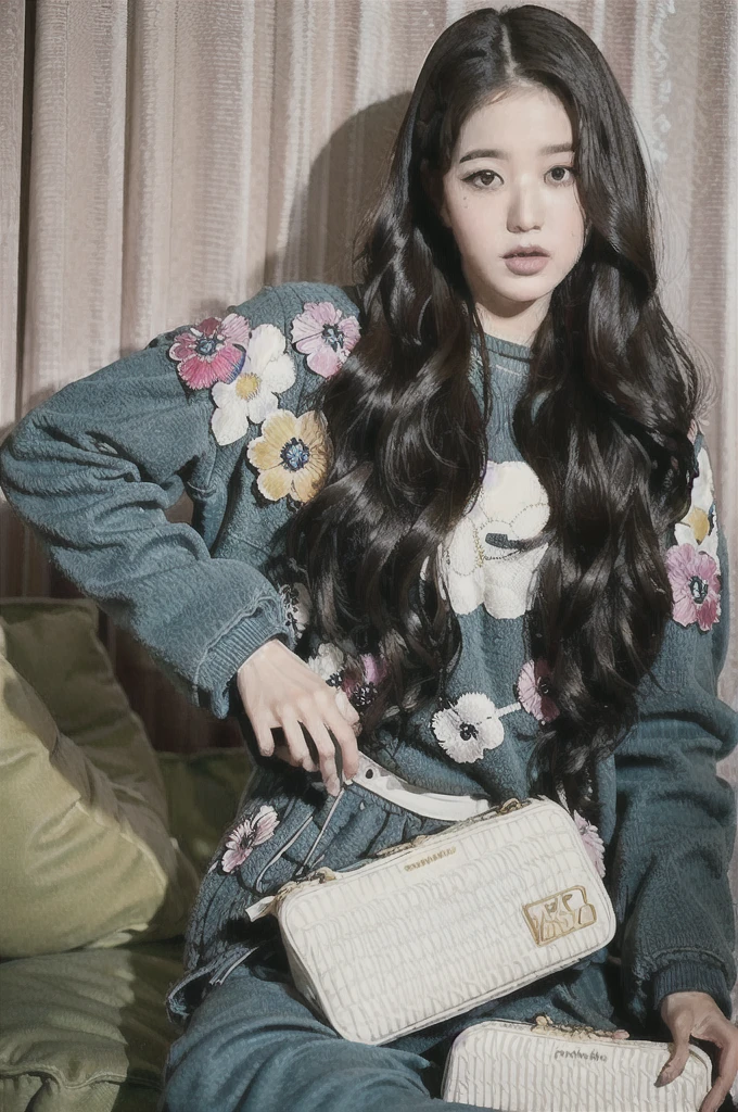 Jang Wonyoung, Nikon RAW photo, 8k, Fujifilm XT3, masterpiece, best quality, realistic, photorealistic, ultra detailed, 1girl, black hair, curtains, floral print, lips, long hair, looking at viewer, mole, sitting, solo