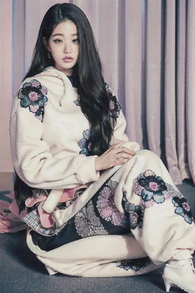 Jang Wonyoung, Nikon RAW photo, 8k, Fujifilm XT3, masterpiece, best quality, realistic, photorealistic, ultra detailed, 1girl, black hair, curtains, floral print, lips, long hair, looking at viewer, mole, sitting, solo