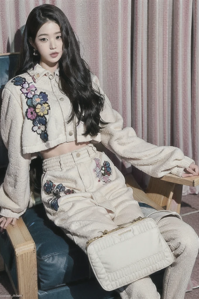 Jang Wonyoung, Nikon RAW photo, 8k, Fujifilm XT3, masterpiece, best quality, realistic, photorealistic, ultra detailed, 1girl, black hair, curtains, floral print, lips, long hair, looking at viewer, mole, sitting, solo