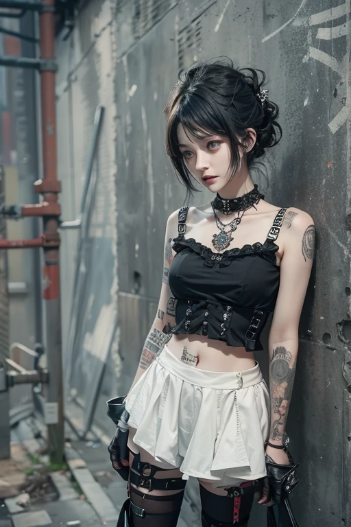 Highest quality、8k、masterpiece:1.3、Gothic Punk、red inside、Gray Black Hair、hair ornaments、beautiful girl、creative、Punk Style、Neogoth、Goth Fashion:0.8、High resolution、masterpiece、Highest quality、頭w:1.3、((Hasselblad Photos))、Fine skin、Sharp focus、(Cinema Lighting)、shirt, Shoulder out, Modest chest