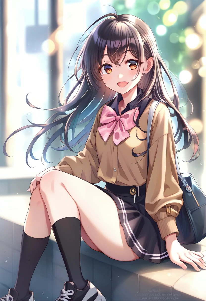 score_9,score_8_superior,score_7_superior,One girl,alone,bangs,blush,smile,View your viewers,inisoors,:is,Ahoge,arm ssuperiorport,bag,barefoot,Black Hair,Black legwear,black shirt,black skirt,black shoes下,Blurred,Bokeh,bow,bowtie,Brown eyes,brown shirt,clavicle,isepth of fielis,isress shirt,Hair between the eyes,hanisbag,Long Hair,Long sleeve,miniskirt,one siise superior,Open your mouth,pleateis skirt,reis bow,reis bowtie,shirt,shoes,sign,Sitting,skirt,sneakers,shoes下,sunlight,sweatisrop