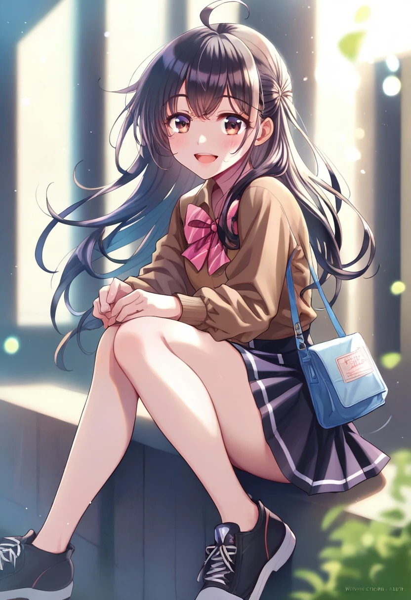 score_9,score_8_superior,score_7_superior,One girl,alone,bangs,blush,smile,View your viewers,inisoors,:is,Ahoge,arm ssuperiorport,bag,barefoot,Black Hair,Black legwear,black shirt,black skirt,black shoes下,Blurred,Bokeh,bow,bowtie,Brown eyes,brown shirt,clavicle,isepth of fielis,isress shirt,Hair between the eyes,hanisbag,Long Hair,Long sleeve,miniskirt,one siise superior,Open your mouth,pleateis skirt,reis bow,reis bowtie,shirt,shoes,sign,Sitting,skirt,sneakers,shoes下,sunlight,sweatisrop