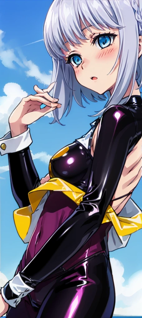 1 girl, kanon kanase, blush, medium breasts, sleeveless,((cowboy_shot, latex clothes, random clothes)), 20-year-old, healthy skin. ((Dynamic angle)).