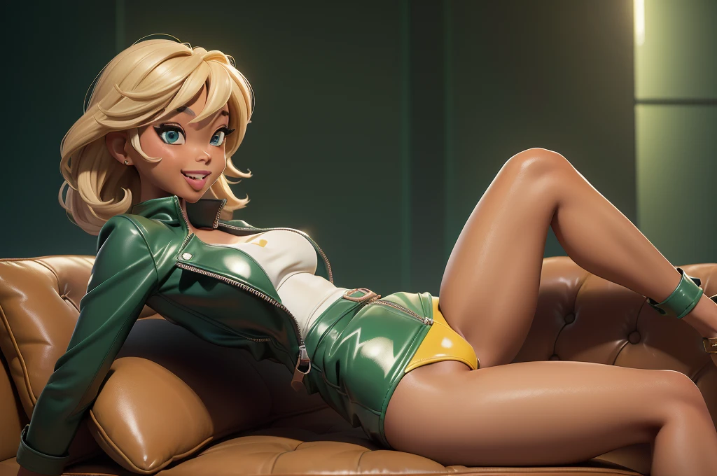 obra prima, melhor qualidade, ((one woman only,)) ((tiffany trump, dark tan skin, short straight hair,)) head back, ((sexy sultry look, open mouth smile, dimples,)) wearing shiny yellow pvc biker jacket, ((jacket is unzipped and wide open, small breasts, nip slip,)) jacket has padded puff shoulders, shiny leather gloves, ((forest green leather micro mini pvc skirt,)) body is skinny, shiny tight buttocks, ((leaning back on couch cushion, mashing breasts, sexy fondling and kissing,)) (camera view of whole body,) looking up at me, shallow depth of field, highres, HD, 8k, anatomically correct