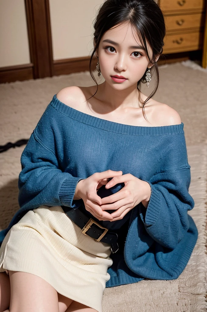 masterpiece,((small girl)),brown eyes,brown hair,((off-shoulder blue sweater,bare breasts)),show off nipple,((spread arms,handcuffs)),straddling,sitting,((small breasts)), medium long hair,earrings, necklace,sweat,spread legs,pussy, spread pussy,love juice,pussy juice, spread legs, legs up