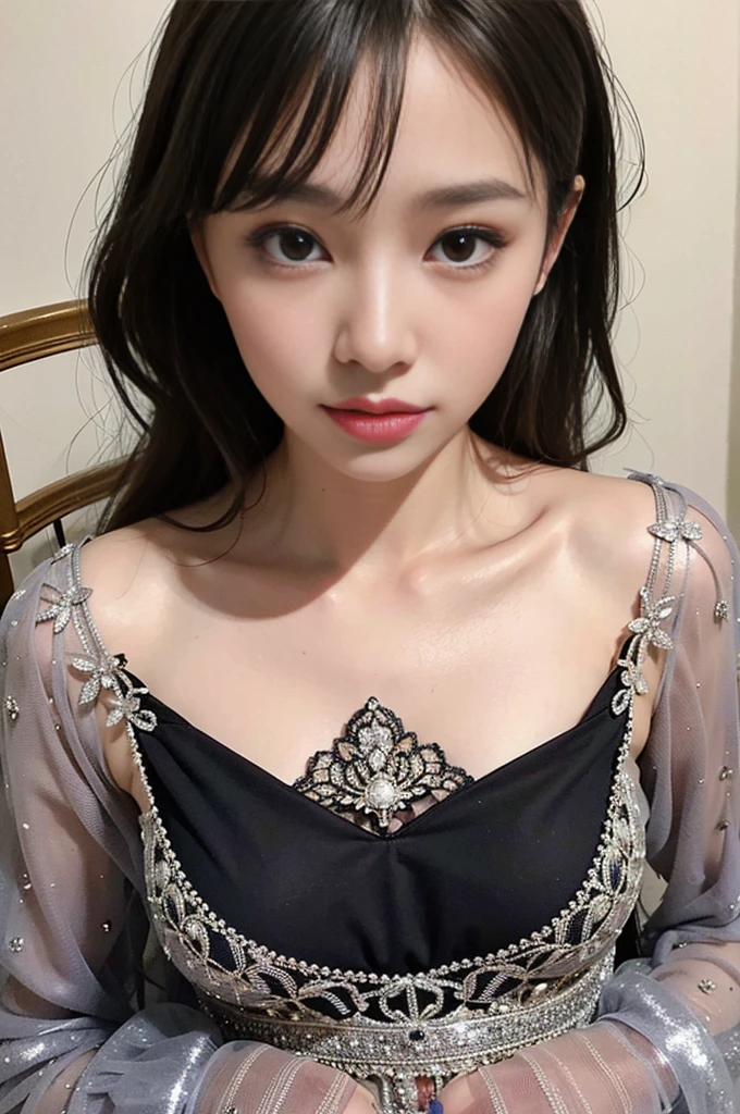Sexy photos of the most beautiful artwork in the world、shorth hair、opens legs、Cinematic Light、Fantasia、hight resolution、top-quality、ultra-detailliert、top-quality、masterpiece、(A detailed face)、The shirt、full body Esbian(transparent galaxy) 、a choker、Sparkle with neon details (Fantasy of the underworld)Small glowing butterfly、jewelry in hair、(Focus on the face: 1.25)、natta、torn miniskirt、a potion on the hip、mekosji、murky、light reflections、Norinobu Shinoyama