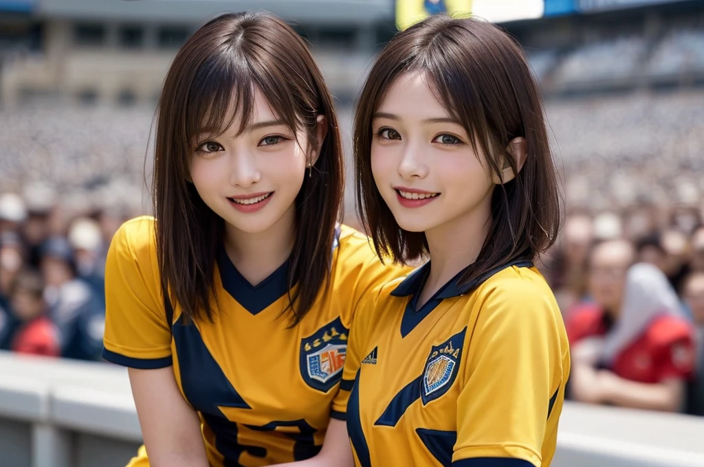 (Highest quality、8k、32K、masterpiece)、(Realistic)、(Realistic:1.2)、(High resolution)、Very detailed、Very beautiful face and eyes、(((The subject is a single woman.)))、Frame-in round and small face、Tight waist、Delicate body、(close、Highest quality、Attention to detail、Rich skin detail)、(Highest quality、8k、Oil paints:1.2)、(Realistic、Realistic:1.37)、Bright colors、(((Cowboy Shot)))、(((short hair)))、(((Laughter)))、(((Brown Hair)))、(((Soccer uniforms)))、(((ピンクのSoccer uniforms)))、(((Football Stadium)))、(((Enthusiastic audience)))、(((Uniform without lines)))、Short sleeve uniform、There are no lines on the sleeves