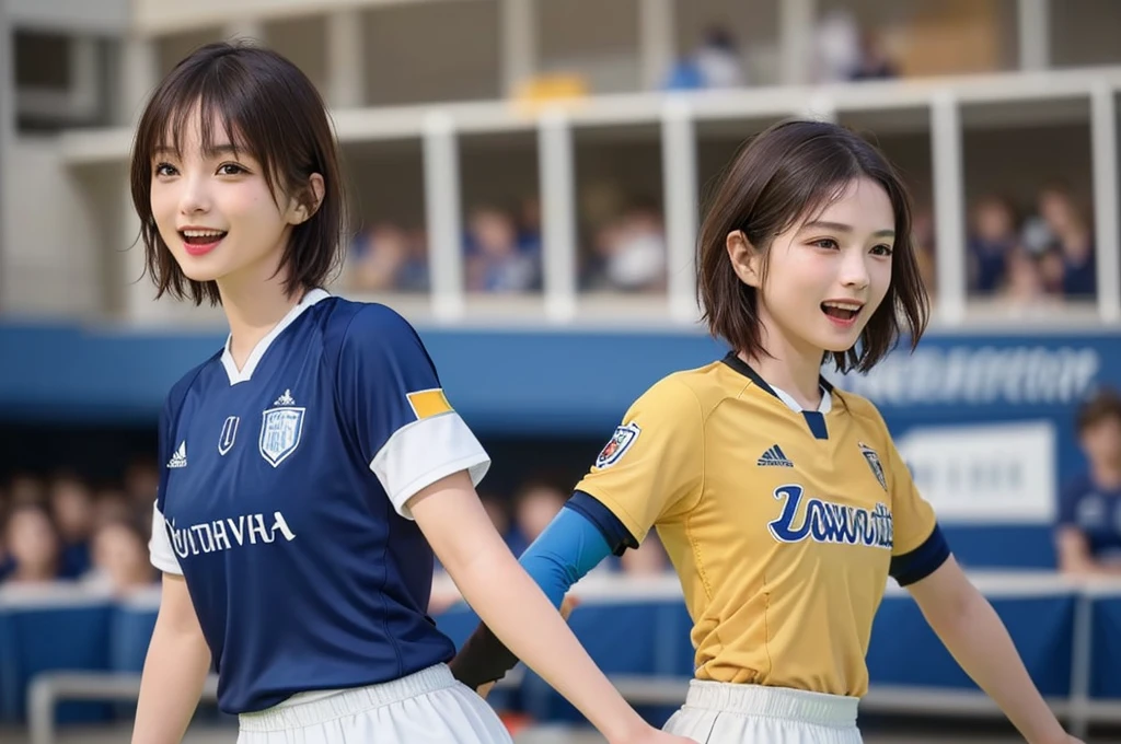 (Highest quality、8k、32K、masterpiece)、(Realistic)、(Realistic:1.2)、(High resolution)、Very detailed、Very beautiful face and eyes、(((The subject is a single woman.)))、Frame-in round and small face、Tight waist、Delicate body、(close、Highest quality、Attention to detail、Rich skin detail)、(Highest quality、8k、Oil paints:1.2)、(Realistic、Realistic:1.37)、Bright colors、(((Cowboy Shot)))、(((short hair)))、(((Laughter)))、(((Brown Hair)))、(((Soccer uniforms)))、(((ピンクのSoccer uniforms)))、(((Football Stadium)))、(((Enthusiastic audience)))、(((Uniform without lines)))、Short sleeve uniform、There are no lines on the sleeves