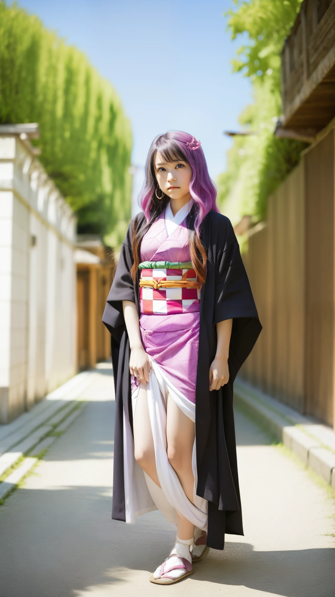 Cute Japanese woman, (16 years old), (Very cute face: 1.3), White moist skin, Looking at the camera, Melancholy expression,
BREAK,
Idol,
BREAK,
(Wearing cute kimono: 1.3), (Highly revealing kimono), Very large earrings, Short length,
BREAK,
(Fighting pose: 1.3),
BREAK,
(Long hair), (Pink hair: 1.2), (Wavy hair), (Gradient hair: 1.3), (Red hair at the ends),
BREAK,
(Realistic: 1.3), Masterpiece, Perfect lighting, (Ultra-high resolution), (8K), (Very detailed: 1.4), (From the front), (Full body: 1.4), (Symmetrical: 1.2),
BREAK,
(Shibuya city in Japan: 1.2),
BREAK,
(Demon Slayer: 1.4),
BREAK,
(Kasumi Arimura: 1.4),