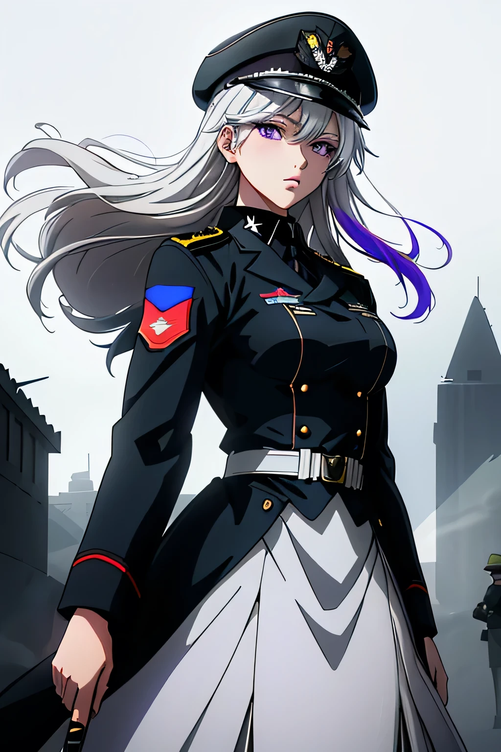 This image was created by MSchiffer、Digital illustration with dynamic dark lines in a cel-shaded style.。, Expresses the incredible beauty of young adult women, A person wearing military uniform. Has a big sword, She has grayish white hair, Wearing a military hat, Purple eyes, She is looking at the audience. Very low perspective. Four-color.