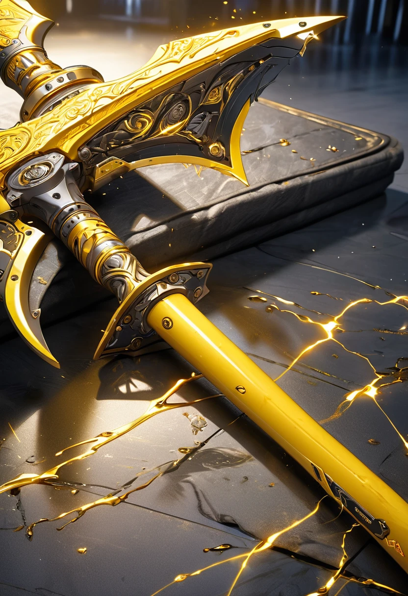 masterpiece, 8k, best quality, highly detailed, an electric battleaxe weapon made of yellow steel & sparking with energy