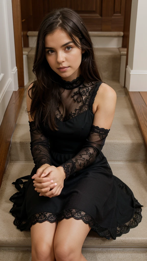 Girl sitting with legs bent upwards, stairs, hands on knees, face forward, black lace dress,