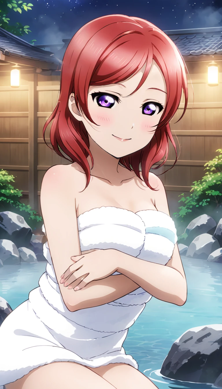 Draw Maki Nishikino from Love Live. She has red hair and purple eyes. She's relaxing in a hot spring, surrounded by steam, at a traditional Japanese inn. The setting includes rocks and mountains, under a night sky filled with stars. Her eyes are gently closed,Highest quality, Sparkle Effect, smile、Bathing up to shoulders、Depict a person wrapped in a towel, relaxing in a hot spring
