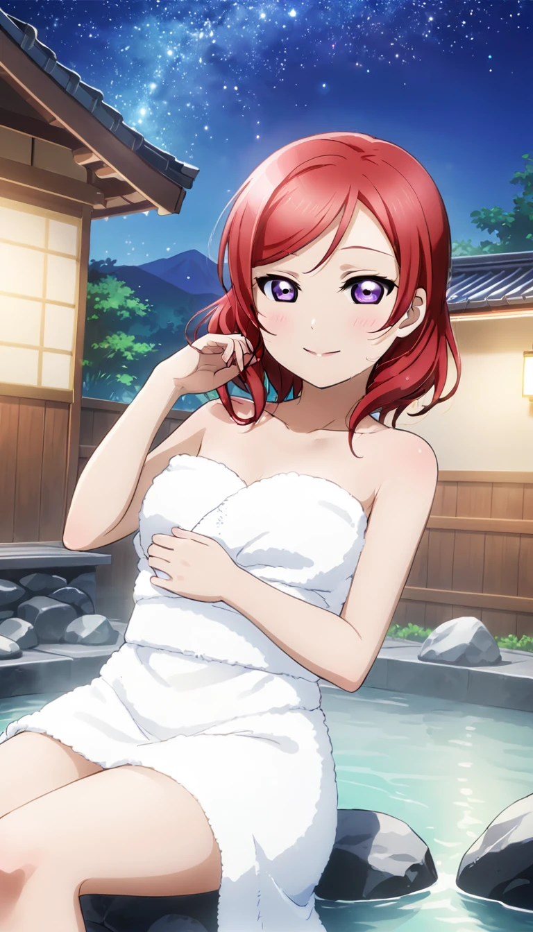 Draw Maki Nishikino from Love Live. She has red hair and purple eyes. She's relaxing in a hot spring, surrounded by steam, at a traditional Japanese inn. The setting includes rocks and mountains, under a night sky filled with stars. Her eyes are gently closed，Highest quality, Sparkle Effect, smile、Bathing up to shoulders、Depict a person wrapped in a towel, relaxing in a hot spring