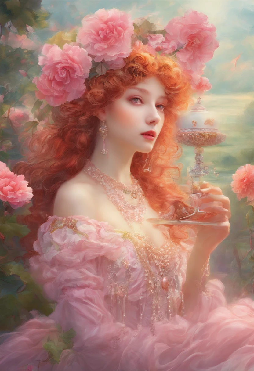 best quality,masterpiece,Ultra-high resolution,(photoactual:1.4),Rieger Begonia flower back view,beauty,enthusiastic,,20-year-old Lige Begonia flower girl(oriental goddess),Pink wavy hair above waist,),Rieger Begonia lace skirt,sitting,Drinking afternoon tea,