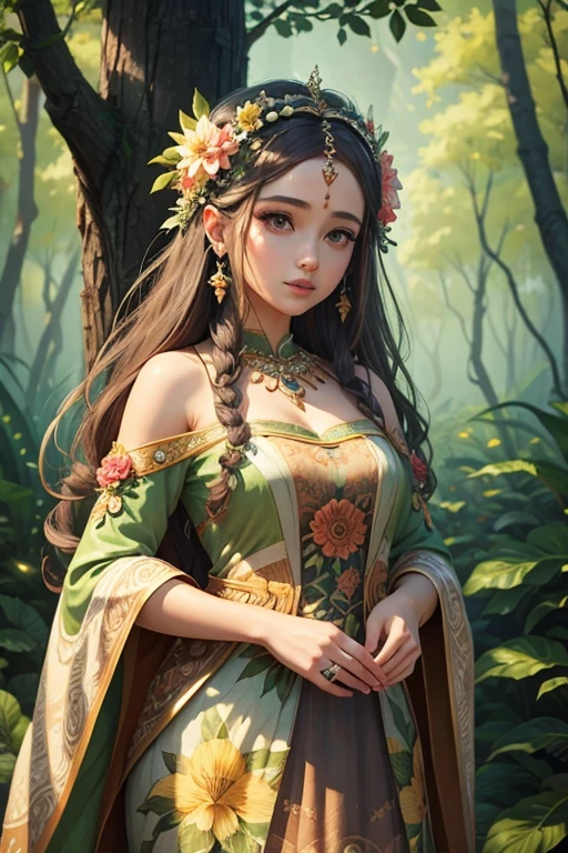 Goddess of fauna, plant and flower dress, background surrounded by nature