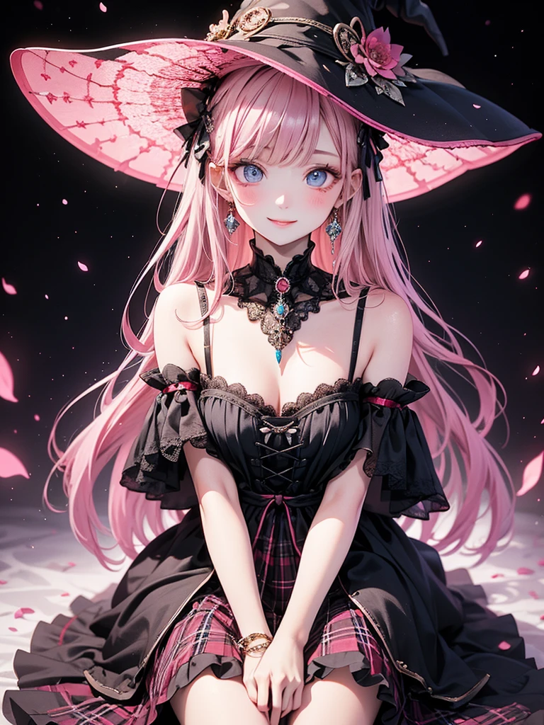 (master piece),(4k),high quality,(small breasts),1girl,long pink hair,pale skin,smile,beautiful detailed blue eyes, (Highly detailed elegant),(witch hat with pink flower ornament),(pink girly fashion),black and pink plaid skirt,magical colors and atmosphere, detailed skin,light particles,Add a dramatic and symbolic element to your scene, Silky to the touch, Hyper Detail,sitting,create an ethereal atmosphere like a dream,((in downtown)),cowboy shot