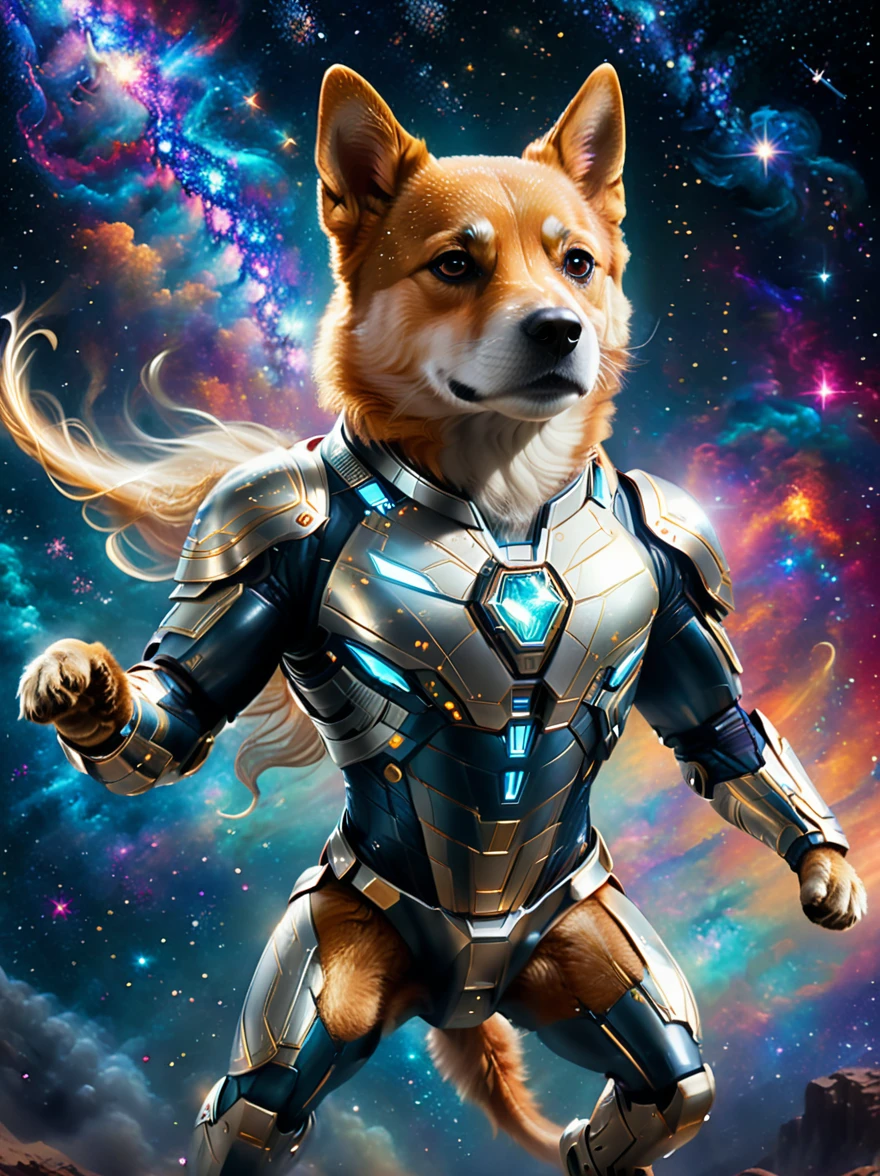 A superhero dog flying into space, armored with a shiny metallic suit, eyes glowing with courage, and a long flowing tail. The vast cosmos expands beyond, filled with countless stars and swirling nebulae. Its paws are extended forward, reaching out into the unending expanse of the universe. A trail of sparkles shines behind it as stardust clings to its fur, illuminating the path it has traversed.