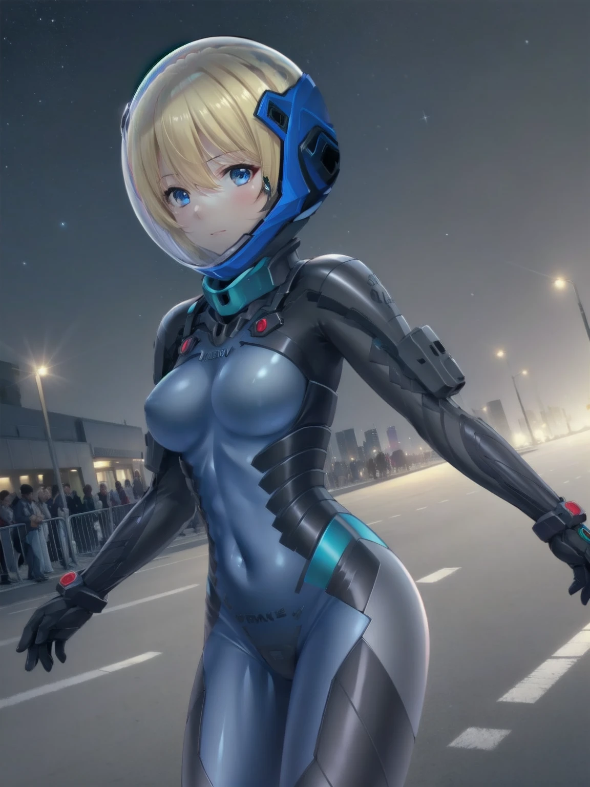 short hair, street, emo, BLACK hair, white eyes, eyeliner, apocalypse, girl, running, road, city, short hair, outdoors, cinematic light, medium breasts, covered navel, space helmet, muvluv, space helm, plug suit 02,Shikinami Asuka Langley, Evangelion, short hair,(Masterpiece: 1.4, highest quality), (intricate details), Unity8k wallpaper, super detailed, beautiful and mysterious, detailed background, realistic, solo, perfect detail face, detailed blue eyes, very detailed, blush, hair ornament, chignon mahogany hair, (blonde hair,, space helmet, eva helm, space suit, 