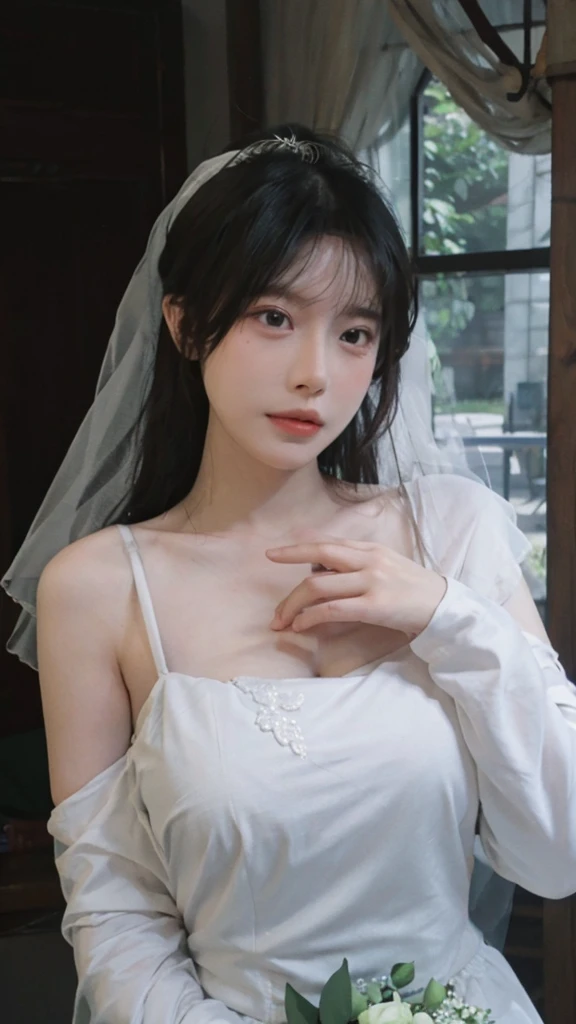 Portrait photography，1 girl，veil，Wedding dress，齐地Wedding dress裙，Wedding dress背景，（whole body：1.4），Exposed breasts，(Big breasts:1.4)，(Realistic and detailed eyes，Natural skin texture，Realistic facial details)，