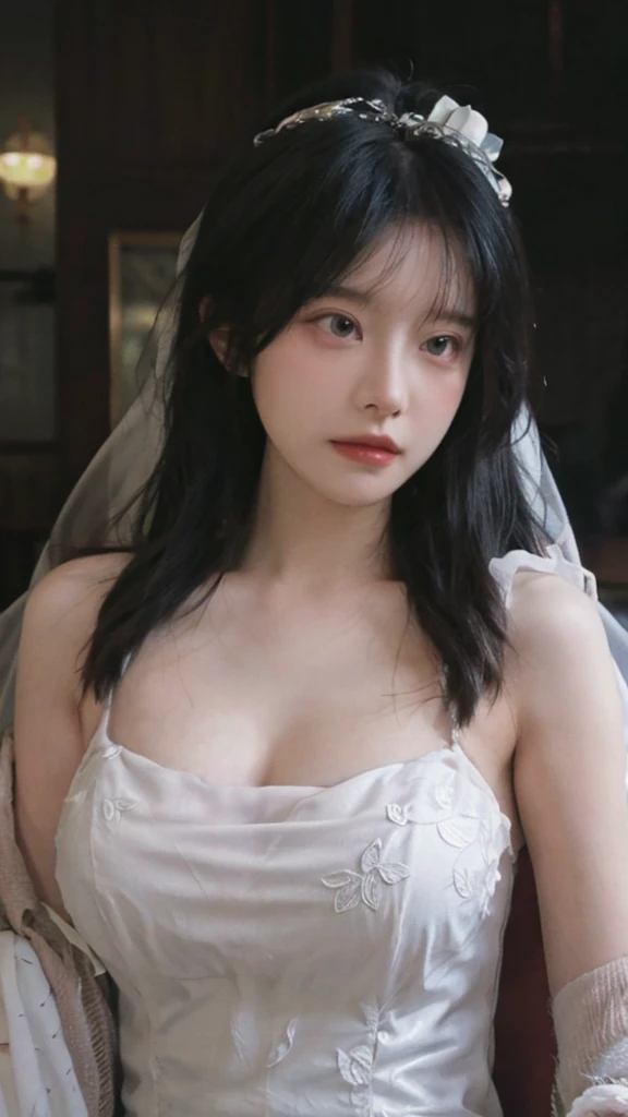 Portrait photography,1 girl,veil,Wedding dress,齐地Wedding dress裙,Wedding dress背景,(whole body:1.4),Exposed breasts,(Big breasts:1.4),(Realistic and detailed eyes,Natural skin texture,Realistic facial details),