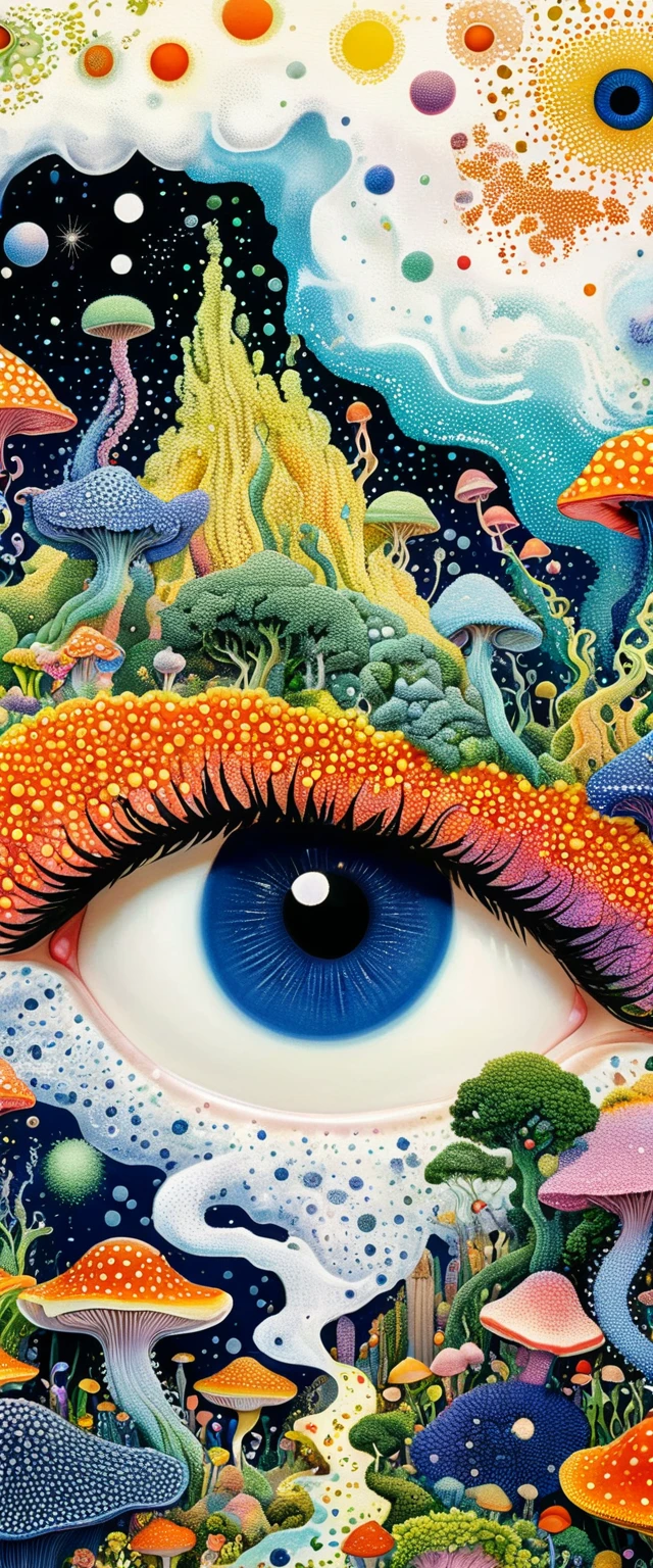 Strong visual fusion of multiple elements,Broto,来自Star的艺术家,house:1.37、Eye、Star、cloud、Spore powder、Ocean、Tentacles,Describing the inner world of autistic people,密集Pointillism method。Smooth lines。interesting,Strange illustration。Pointillism method。Strong contrast。Award-winning works。