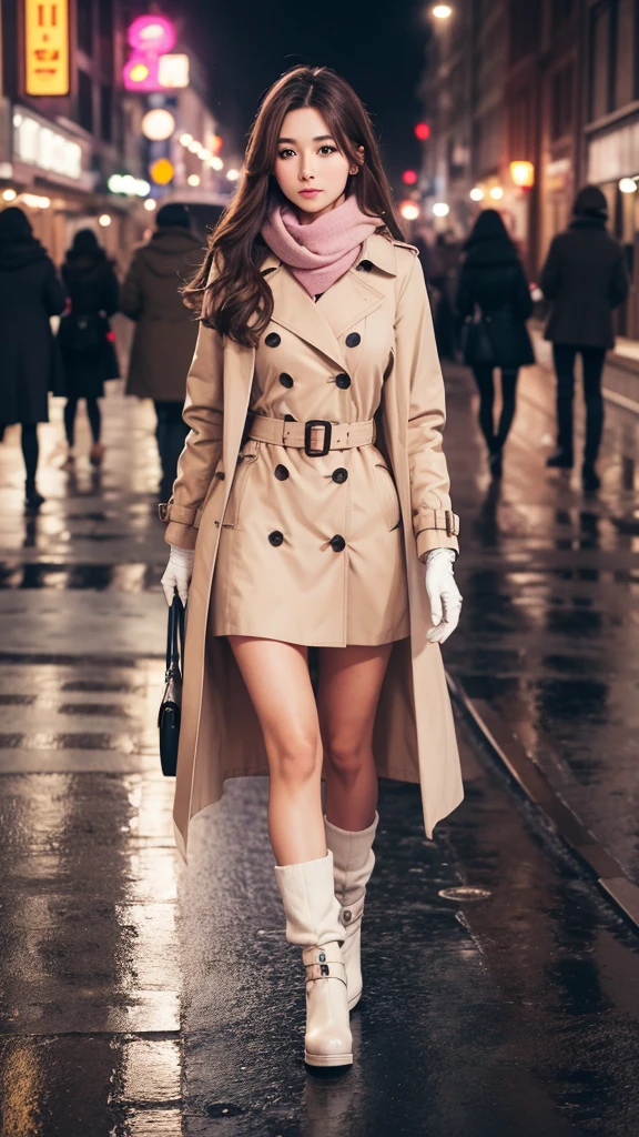 1girl with long brown hair wearing a fully buttoned up and belted buckle beige trench coat with a large pink winter wool scarf and white gloves at the hard rainy night city street full body 8k