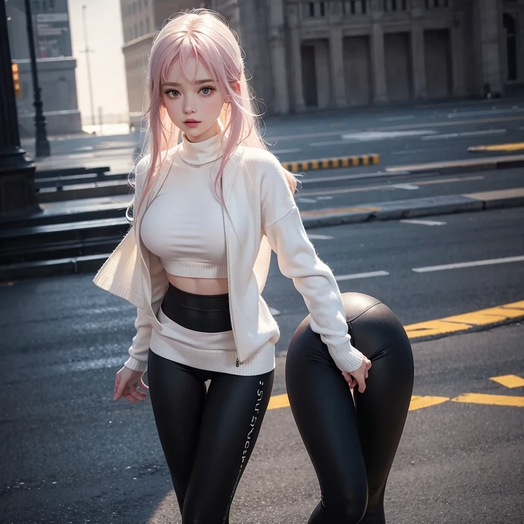 girl:1.3), Solitary, __body parts__ Delicate and realistic skin, Pale skin, Large target, Official Art, Unity 16K Wallpaper, Ultra Detailed, beauty, masterpiece, best quality, Awesome atmosphere, Calming color palette, A calm mood, Soft shadows, , charm，((Larger breasts))，，（(Black leggings)),sweater,blush，liquid，cute，Sportswear，Colorful，Short skirt