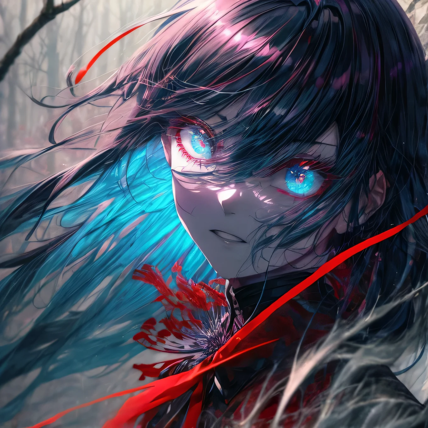 Big devil&#39;s eye close-up, Compound eyes, unique demon ghoul, Unusual students,kaneki, monochrome, Radioactive light, anime 2018::1,  Neon Blue::1, Neon color::1,, Part 1.5, Detailed face, super high quality, Ultra Graphics,  flowering 1.0, Blood sucking ghost, depression, Super realistic, Anime reality,Anime Girls, dark gothic style, High resolution, RTTX 10.0, The body shatters , Detailed face,Soft Lighting, Xin Haicheng,Digital Painting,Look up at the camera",  8k, Big dreamy eyes,Blurred, Smooth and soft skin, cloned face, Symmetric,Neon blue liquid, leaking from the eyes,Anime Art,photograph, Face cracks  , ......key: Neon Blue, Blood coming out of the eyes, Realistic, Realistic light, Realistic anime, Realistic Shadows, liquid, Depressing, cloud, cherry blossoms, Red spider lily , Detailed eyes, Eyes focus, Eyelashes, fluffy lower eyelashes:1.5, Pale face, Very Neon Blue eyes, Gloomy horror atmosphere, Scary photograph, forest, haze, Neon blue liquid, Falling from the trees, dark atmosphere, The body shatters, Braid, rain, Blood on the ground, fire, Eye close-up,better generation, ultra generation, 3000th generation, 2048×2048......, Facial details, Garment details, Symmetric balance, Tokyo Ghoul, devilmay cry, death note, castlevania, Blood sucking ghost, kaneki, Anime 2020, Water and Sky, Black Hair,Detailed Hair, Tokyo Ghoul, devil may cry, death note, castlevania, kaneki, Blood sucking ghost, DepressingArt, depression, Malaise, sorrow, cry, pain, Black Smoke, Black Energy, Tentacles, Kagune, Blood, There is blood on the face, Sea of Blood, Shackles, Barbed wire, fire, Wide-angle camera, There are lots of small details, Red spider lily, cherry blossoms, sweet, Scalopendra, Black background, horror film, case hole, Death Within, dead art, Lying on the grass, Manga Style, Comic book style, Multiple frames, the body is destroyed, manga page, eyes are everywhere, There are many eyes in the background, Illustration by Sui Ishida, Ishida Mizuga, Ishida water flow, Two people, Fully grown, Depressing posture, Spider Flower