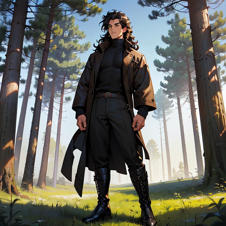 (detailed), (((normal guy))), (arab features), ((brown sheepskin jacket)), ((black curly hair loose hair)), (calm face), ((by the wide)), ((tall black boots)), (((Whole body))), ((in the middle of a field leaning on a tree), ((male)), (black turtleneck sweater), ((only one person))