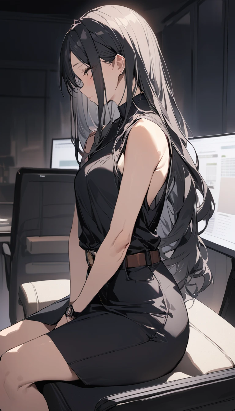 ((Highest quality)), ((masterpiece)), (detailed) Cowboy Shot, 黒髪Long Hair {{{Small breasts}}}{{{slitの入ったロングスカート}}} Contemporary mature adult woman sitting in chair officeカジュアル{{{スレンダーなofficeレディ}}Exposing shoulders 深いslitの入った膝下スカート Long Hair {{{No sleeve}}}office {{{No sleeveボタンシャツ}}} belt slit looking at the camera watch Exposed arms From Side